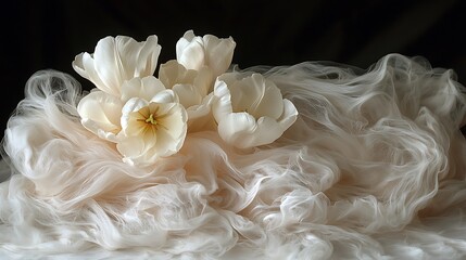 White tulips gracefully rest upon elegant flowing sheer fabric