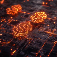 Glowing Dollar Symbols on Circuit Board Design for Financial Technology