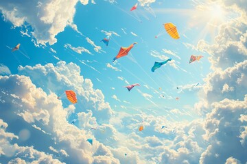 Obraz premium Colorful kites soar against a vibrant sky filled with fluffy clouds