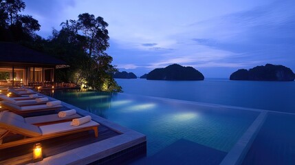 Fototapeta premium Five-star resort infinity pool with a seamless ocean view, modern lounge chairs, and soft lighting.