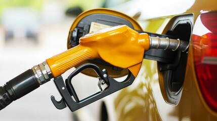 Gas pump nozzle dispensing yellow oil fuel station digital artwork urban environment close-up view oil industry concept