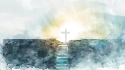 Ascending Hope: A Watercolor Depiction of a Cross at the Summit with Steps Leading to Light and Resurrection, Evoking Faith