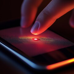 Finger Touching Smartphone Screen with Red Circular Pattern Display