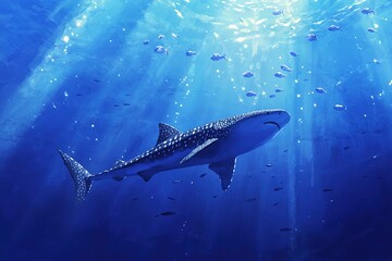 Fototapeta premium Whale shark swimming underwater with sun rays shining through the ocean surface
