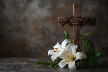Cross and White Lilies Symbolizing Easter and Good Friday