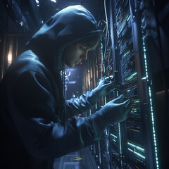 Young Technician Working on High-Tech Data Server in Dim Environment