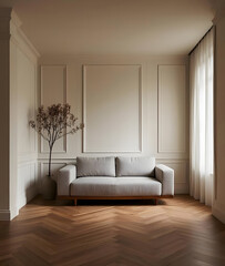 Fototapeta premium A white wall panelling with a sofa and a wooden floor.