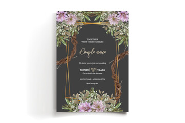 WEDDING INVITATION FRAME WITH FLOWER DECORATIONS AND FRESH LEAVES
