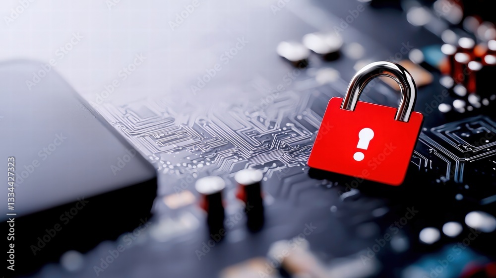Poster close-up of a padlock resting on a circuit board representing security in technology and data