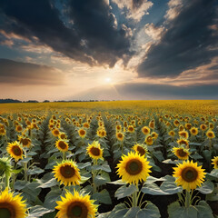 Obraz premium Sun-Kissed Sunflower Field: A vast sunflower field basks in the golden light of the setting sun, creating a breathtaking panorama of beauty.
