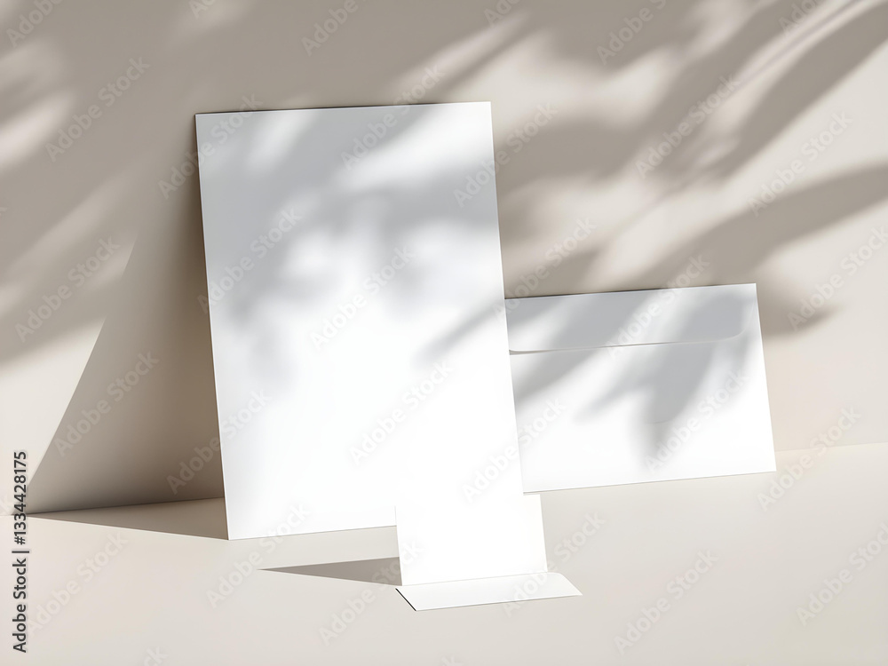 Poster blank white stationery set with envelope and card, casting soft shadows, ideal for elegant mockups a