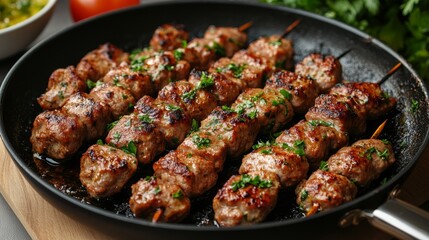 Delicious Kababs Cooking in a Pan with Clean Background and Ample Copy Space