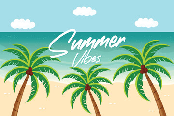 Summer Vibes Postcard Design with Palms Flat Vector Illustration.