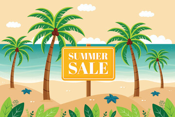 Summer Sale Signboard on Tropical Beach Flat Vector Illustration.