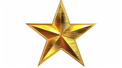 Obraz premium A shining and elegant gold star, created through generative AI, is distinctly isolated on a pure white background. The golden hue of the star glows brightly, making it a striking and eye-catching elem
