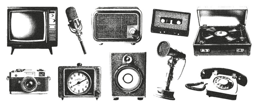 Retro collage photocopy elements a film camera, a vintage clock, radio, a microphone, antique telephone, record player, old TV. Vector illustration.
