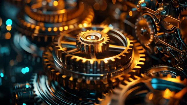 Macro shot of shiny golden gears and cogs mechanism