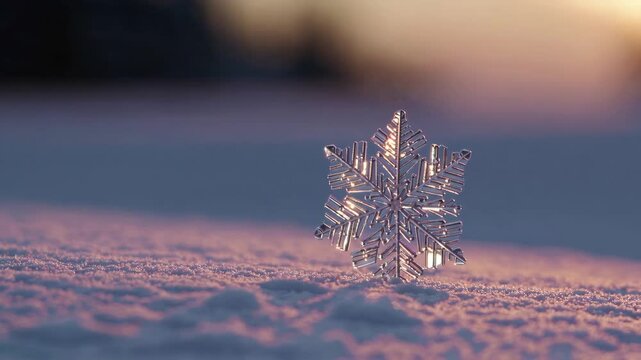 Close-up of a delicate snowflake on snow at sunset, winter serenity concept
