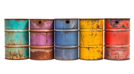 Row of colorful rusty oil drums in vibrant shades