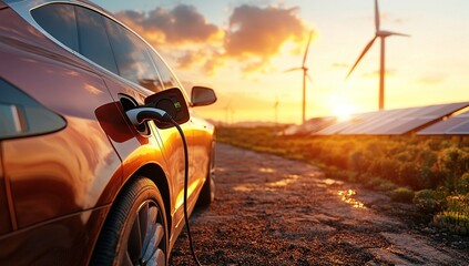 Close-up of an electric car charging at sunset, with solar panels and wind turbines in the background. The sun is setting behind them,