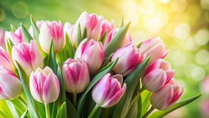 Fototapeta premium Delicate Pink and White Tulips Spring Flowers Bouquet Close Up