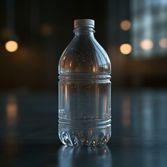 A transparent plastic water bottle stands upright on a surface