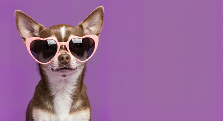 Fototapeta premium Chihuahua wearing pink heart sunglasses against purple background