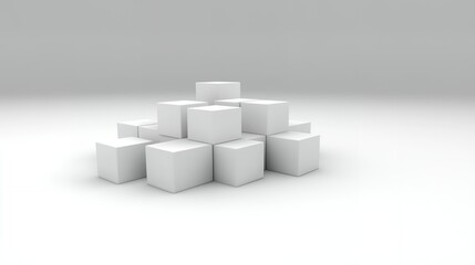 Arrangement of several white cubes stacked on top of each other in a pyramid shape