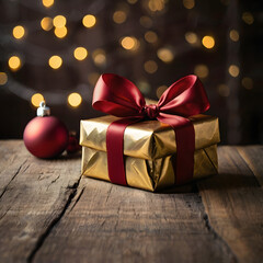 Golden Christmas Gift: A beautifully wrapped gold gift box with a rich red bow sits on a rustic wooden surface, illuminated by warm golden lights, creating a festive and magical atmosphere.