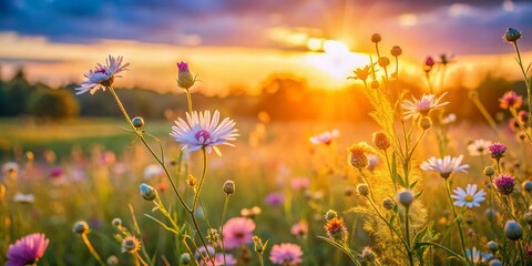 Fototapeta premium Delicate Wildflower Meadow Sunrise, Gentle Nature Photography