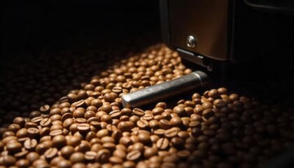 Coffee beans being processed in a dark industrial setting.