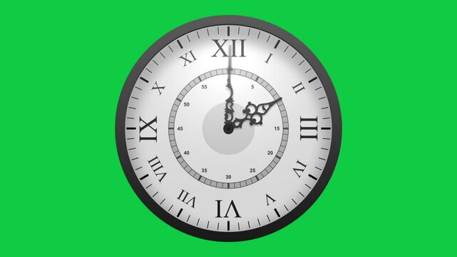 Clock Timelapse Greenscreen Alpha Loop. Fast movement of clock hands motion blur. Black and White Analog Wall Clock Isolated. Time Passing Fast. 12 Hours Classic Clock Timelapse. Green screen quartz