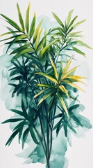 Fototapeta premium Botanical watercolor painting of vibrant green palm fronds with sunny yellow highlights, creating a fresh and natural artistic impression on white paper