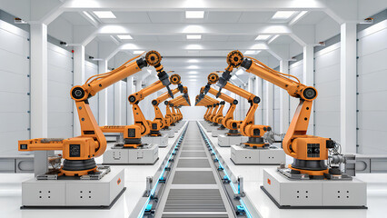 Industry 5.0 Digitalization Resilience series of interconnected robotic arms in modern industrial setting