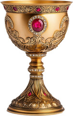Ornate golden chalice adorned with jewels and intricate designs showcased on a neutral background