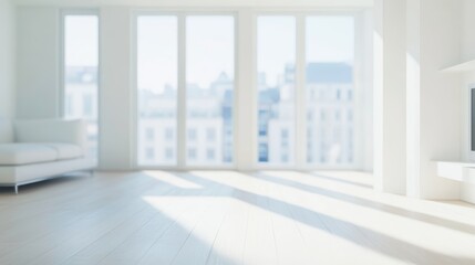 Fototapeta premium Bright and airy interior of a modern apartment with city view, featuring white walls, hardwood floors and minimalistic furniture arrangement