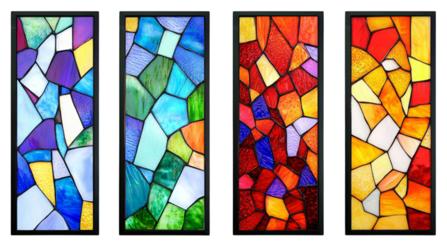 Vibrant stained glass art panels with colorful geometric patterns