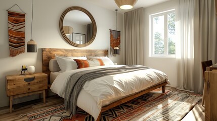 Bright and welcoming bedroom interior with natural wood accents, a large round mirror, and soft light streaming through window.