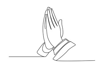 Obraz premium Continuous line drawing of praying hand of minimalist outline art vector design