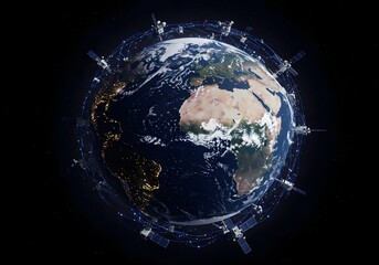 Fototapeta premium World Telecommunication Day Special – Earth with High-Tech Satellites and Glowing Signal Lines