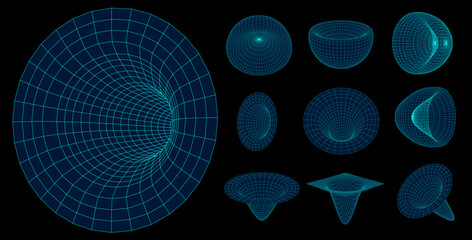 Obraz premium Set of retrofuturistic design elements. Perspective grids, tunnels, RETRO title, polar grid, geometry, portals, gravity visualization. Pack of cyberpunk 80s style design elements. Vector