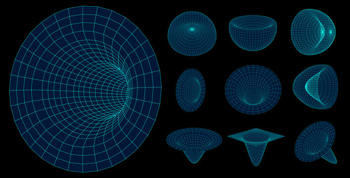 Set of retrofuturistic design elements. Perspective grids, tunnels, RETRO title, polar grid, geometry, portals, gravity visualization. Pack of cyberpunk 80s style design elements. Vector