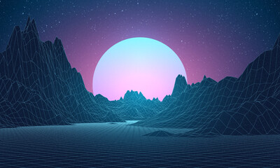 Retro background futuristic landscape 1980s style. Digital retro landscape cyber surface. Retro music album cover template: sun, space, mountains . 80s Retro Sci-Fi Background Summer Landscape.