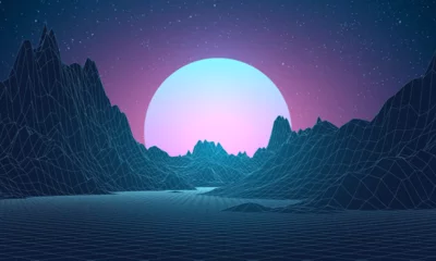 Gardinen Retro background futuristic landscape 1980s style. Digital retro landscape cyber surface. Retro music album cover template: sun, space, mountains . 80s Retro Sci-Fi Background Summer Landscape. © Kateryna