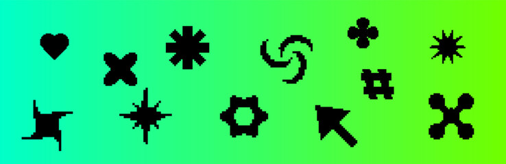 Pixelated Y2K icon set with black digital shapes, featuring blasts, stars, and wave patterns. Great for adding a 90s inspired touch to technology themed graphics.
