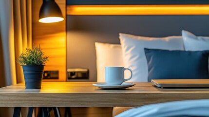 Hotel room with a stylish wooden desk, elegant chair, and a coffee cup on a neat workspace.