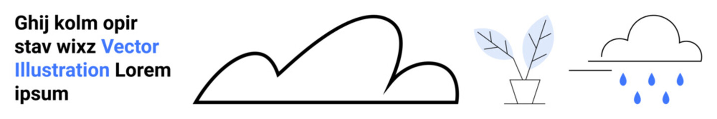 Black outlined cloud, potted plant with minimal leaves, and raining cloud with droplets. Ideal for weather, nature, ecology, simplicity, environment, modern design simple landing page