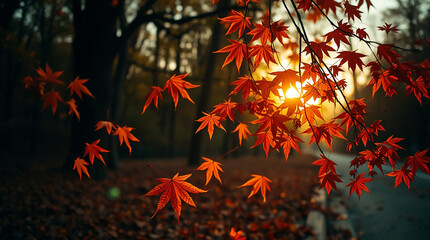 autumn leaves background,  A moody, candid street photography style image featuring an autumn landscape at golden hour. Falling maple leaves, vibrant orange and red foliage against a soft-focus forest