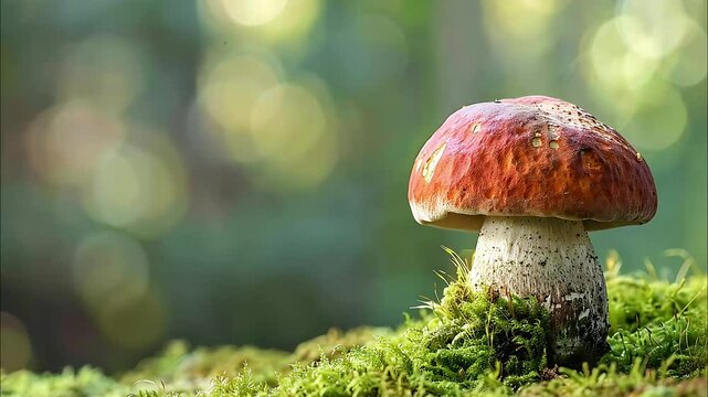 Edible boletus mushroom growing in forest. Wild nature life. Healthy organic food for vegetarians. Close up shot of fungus, blurred background empty space