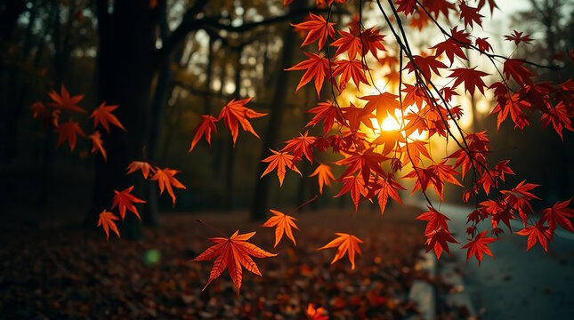 autumn leaves background,  A moody, candid street photography style image featuring an autumn landscape at golden hour. Falling maple leaves, vibrant orange and red foliage against a soft-focus forest